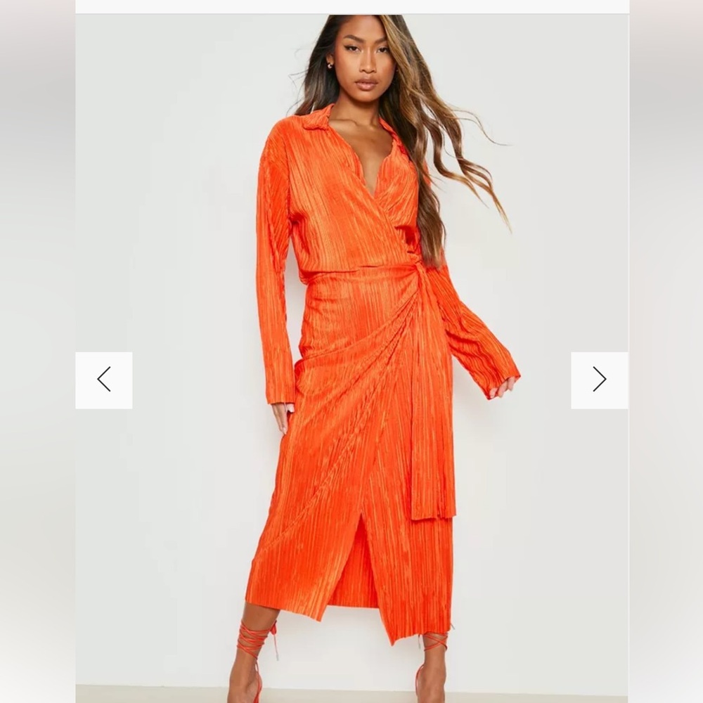 Boohoo plisse wrap shirt dress in hot pink